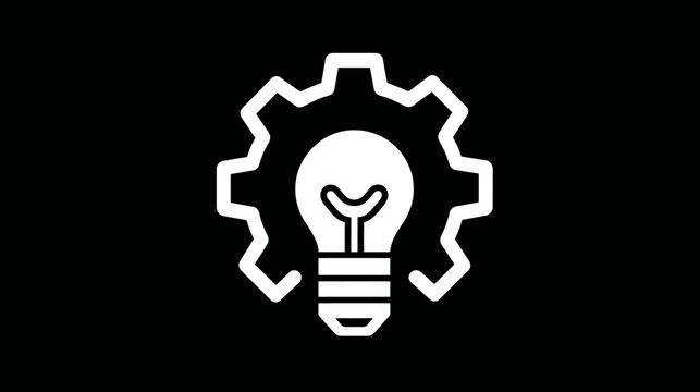 A white lightbulb within a gear on black background, symbolizing ideas and innovation