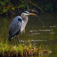 Fototapeta premium A gray heron stands on grassy riverbank