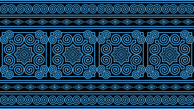 Hmong tribal design patterns feature unique sky blue motifs on a black background, suitable for use in clothing, blankets, and wallpaper designs.