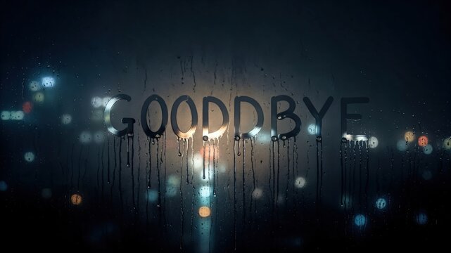 Sad goodbye text on a foggy window with water droplets and city lights at night