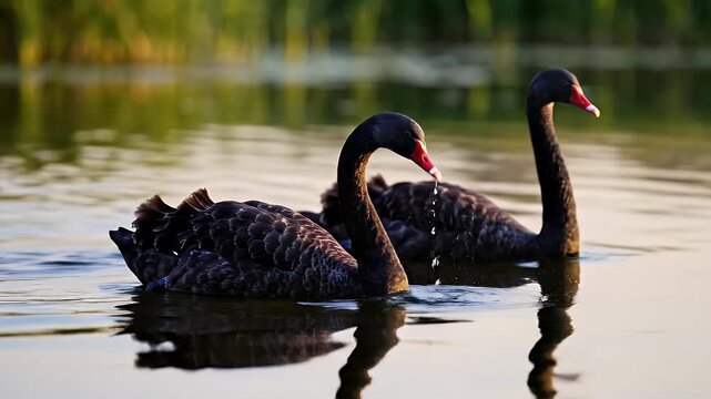 Black Swans Swimming in a Lake - Two elegant black swans glide gracefully through the calm water of a lake, with one dipping its head to feed.