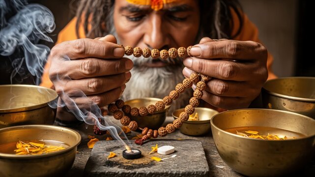 Elderly Indian Sadhu performing Vedic Rudraksha Japa meditation ritual with incense and brass bowls