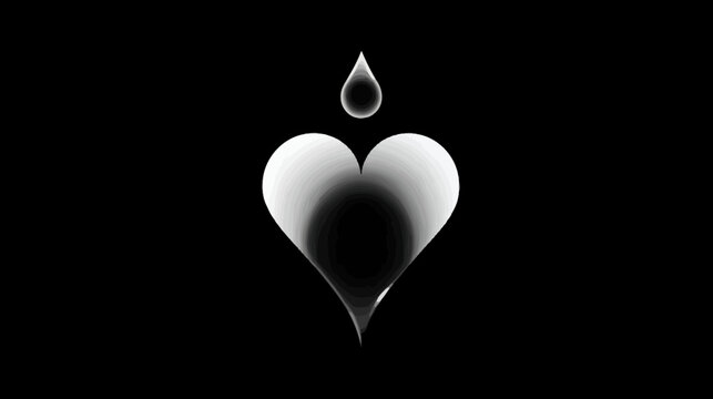 Black and white abstract heart shape with tear drop above on black background