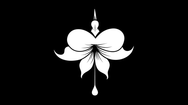 A monochrome illustration of a symmetrical flower silhouette with stylized petals and a teardrop