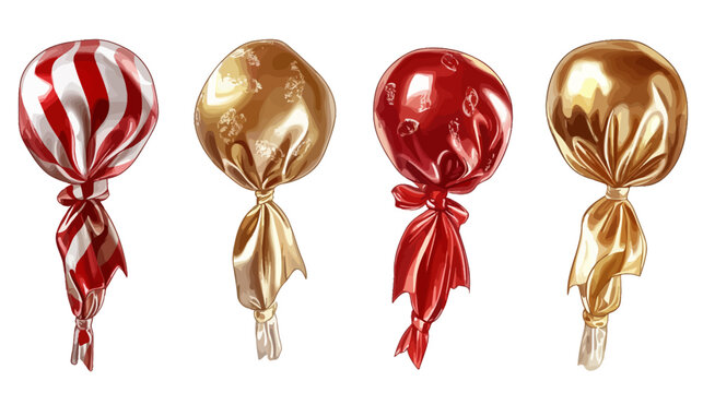 Digitally rendered image showcasing four individually wrapped, shiny, and colorful hard candies