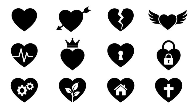 Set of 12 black silhouette vector heart icons representing various concepts like love, brokenness, royalty, security, mechanisms, nature, home, and faith corazon symbols.