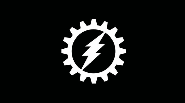 A white lightning bolt within a white circle inside a gear on a black background
