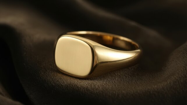 Gold signet ring on dark fabric background with soft light, classic masculine luxury jewelry close up