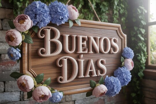 Wooden buenos dias sign with flowers hanging in rustic interior warm morning greeting decor