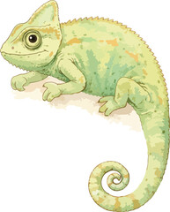 A green chameleon with a curled tail and big eye watercolor illustration © madebycan