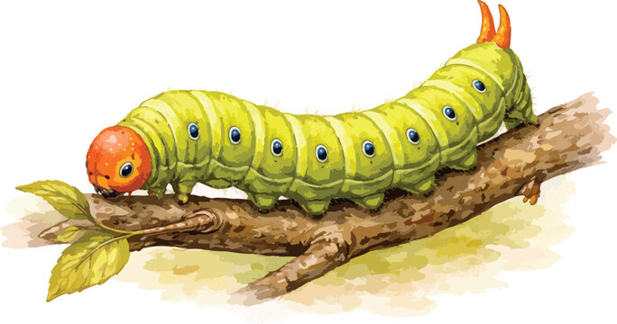 A green caterpillar with orange head and tail on a branch watercolor illustration