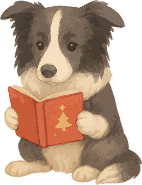 A dog sitting and holding a christmas book watercolor illustration
