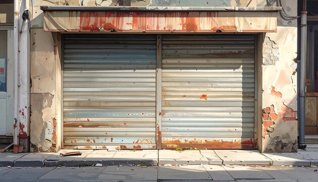 A neglected storefront with metal security shutters