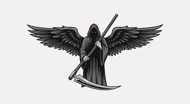 Winged grim reaper figure with glowing red eyes and a scythe