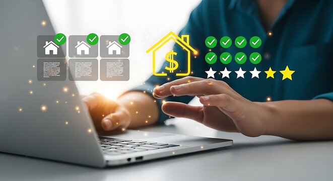 Person interacting with laptop and house rating icons on screen with green checks