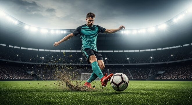 soccer player kicking ball in stadium