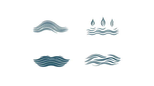 Four abstract teal graphics, depicting waves, water, and teardrop shapes, on a white background