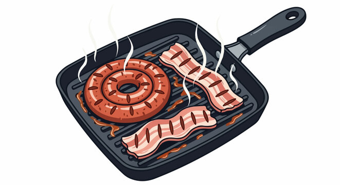 A grilled sausage and bacon slices sizzle with steam in a black grill pan