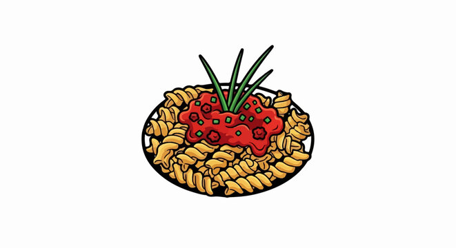 A cartoon-style plate of rotini pasta with chunky tomato sauce and chives