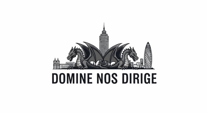 Two mythical creatures guard a city skyline under a Latin phrase