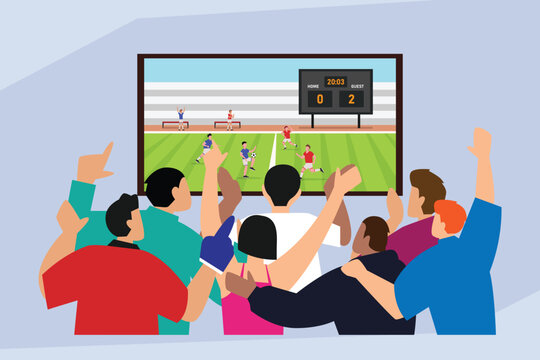 Group of Excited Friends Watching Soccer Match on TV and Cheering Together 2d flat vector illustration