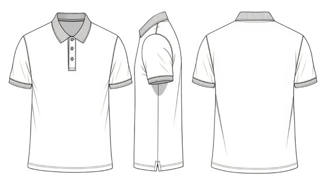 Vector CAD design style drawings of a white polo shirt in three views