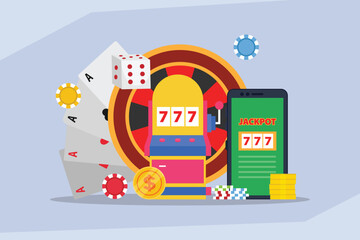 Fototapeta premium Online Casino and Mobile Gambling Concept with Slot Machine and Roulette 2d flat vector illustration