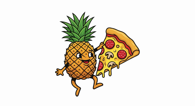 Animated pineapple character with legs, arms, and eyes, holding a slice of pizza