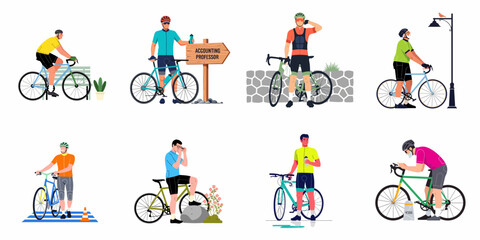 Fototapeta premium Set of flat vector illustrations depicting various male cyclists in professional gear, featuring different poses, equipment, and outdoor settings for active lifestyle themes.