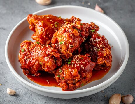 A spicy Korean fried chicken glazed with gochujang sauce and sesame seeds