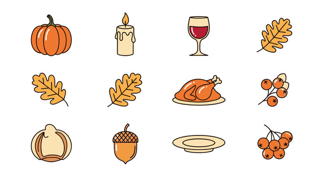 Thanksgiving icons featuring a turkey, pumpkin, leaves, and wine