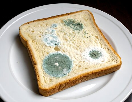 A slice of bread with green mold on a white plate