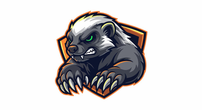 Fierce badger with glowing green eyes and sharp claws on a shield