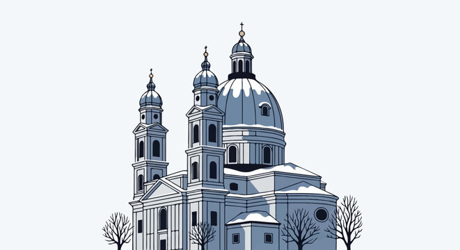 Ornate winter church with multiple domes, spires, and bare trees