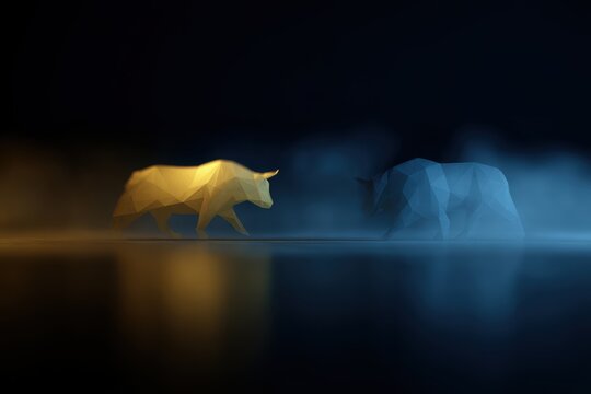 Abstract 3D render of a bull and bear silhouette, golden and blue light, stock market duality