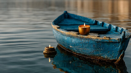 Obraz premium Floating Candle on Teal Boat at Dusk