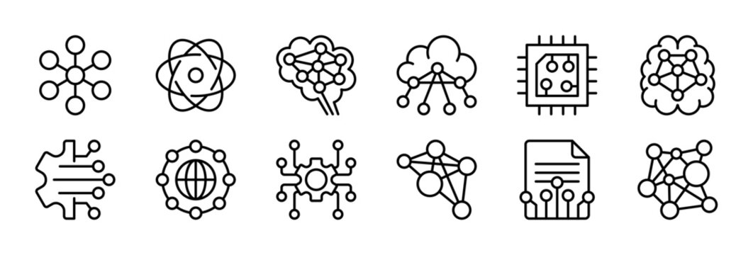 Neural Network thin line icon set. Artificial Intelligence, AI Digital Technology, Data Science, Machine Learning concept. Black outline vector icons collection.
