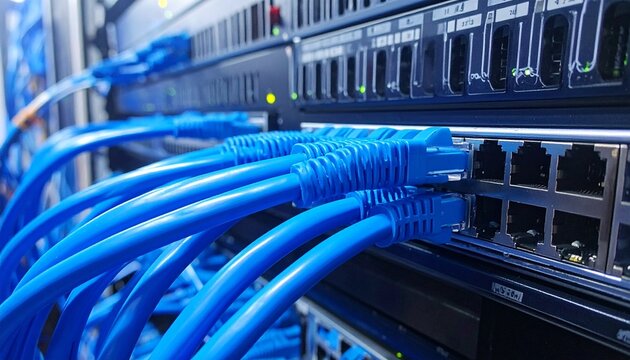 Network infrastructure with blue ethernet cables connecting servers in a server room for high speed data transfer.