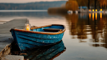 Obraz premium Floating Candle on Teal Boat at Dusk