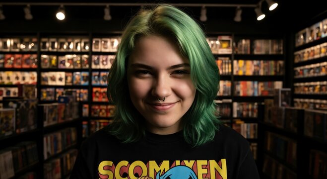 Smiling Gen Z girl with green hair and septum piercing in a comic book store
