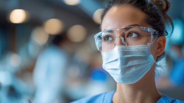 Female nurse wearing mask and goggles in hospital ward