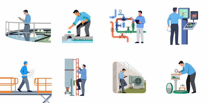 Flat illustration set of engineers and technicians working in water treatment and industrial wastewater management facilities.