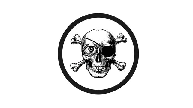 A black and white illustration of a skull and crossbones inside a black circular border on white background