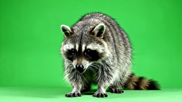 Raccoon standing on green screen - A raccoon stands on a green screen, looking down at the surface. The animal has a fluffy, striped tail and a black mask around its eyes.