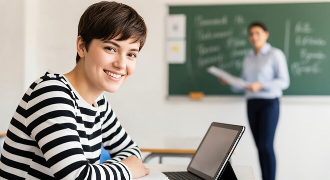Smiling young adult woman student in continuing education classroom with laptop and teacher