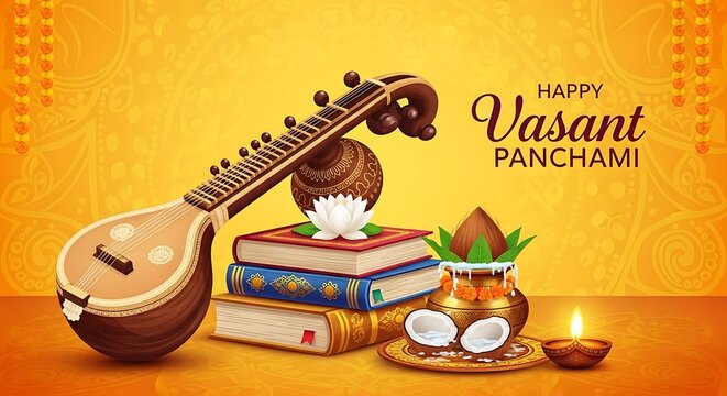 Happy vasant panchami greeting with veena, books, and diya