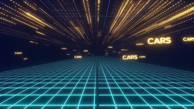 Futuristic digital landscape with glowing grid and data streams, featuring the word 'CARS' in a virtual environment.