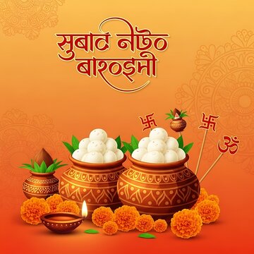 Subho nabo barsho bengali new year with sweets, diya, flowers, and auspicious symbols on orange gradient background