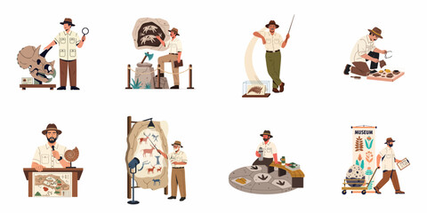 Set of archeologist and paleontologist characters in a museum, studying fossils, cave paintings, and ancient artifacts in flat cartoon style. © Muqodimatul
