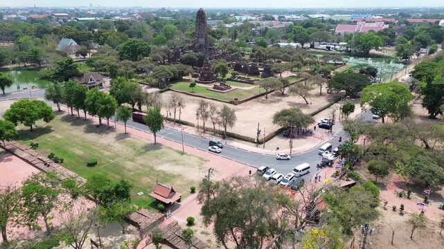 Aerial view from a drone of wat phra ram at ayutthaya historical park, thailand